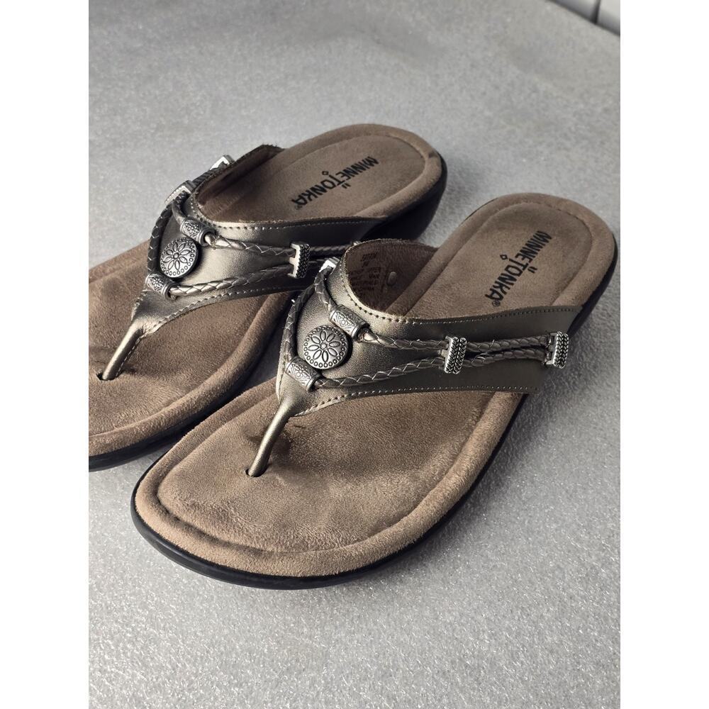 Minnetonka Silverbay Pewter Leather Sandals Size 9 SilverTone Beads Braided - Picture 3 of 7